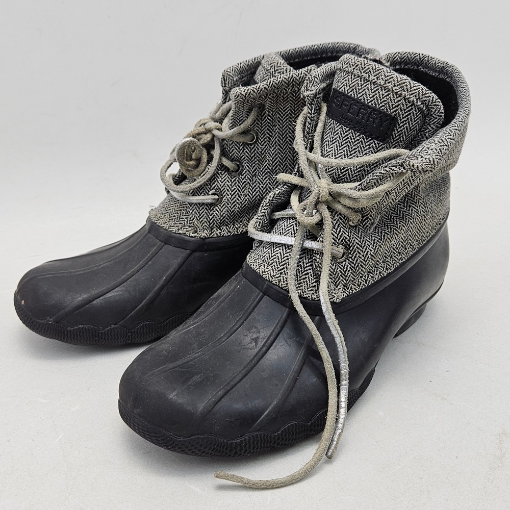 Sperry Girls Size 2 Saltwater Duck Boots Black Herringbone Waterproof YG56016